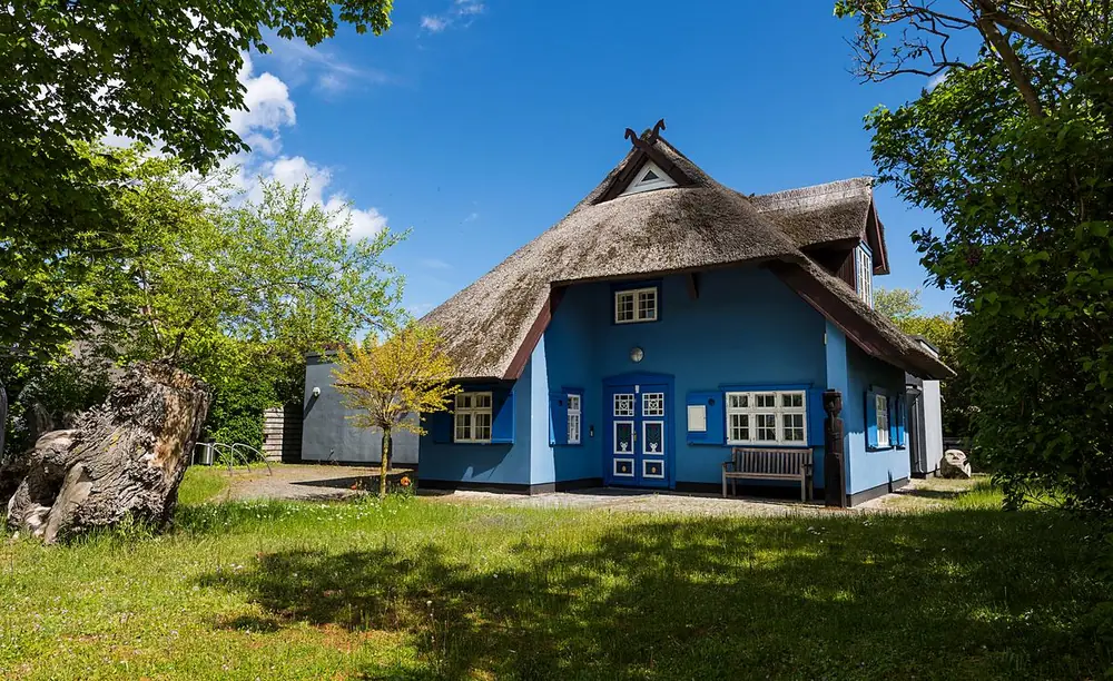Blaues Rohrdachhaus des Kunstkatens im Grünen