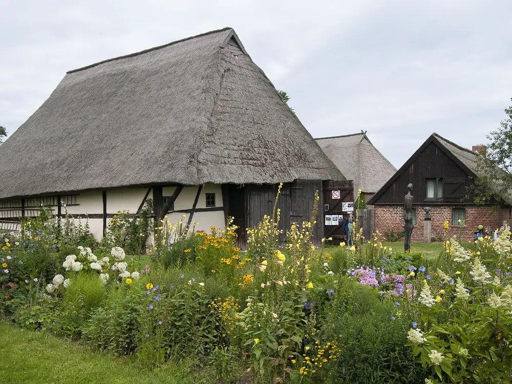 Niedriges Rohrdachhaus hinter einem blühenden Garten
