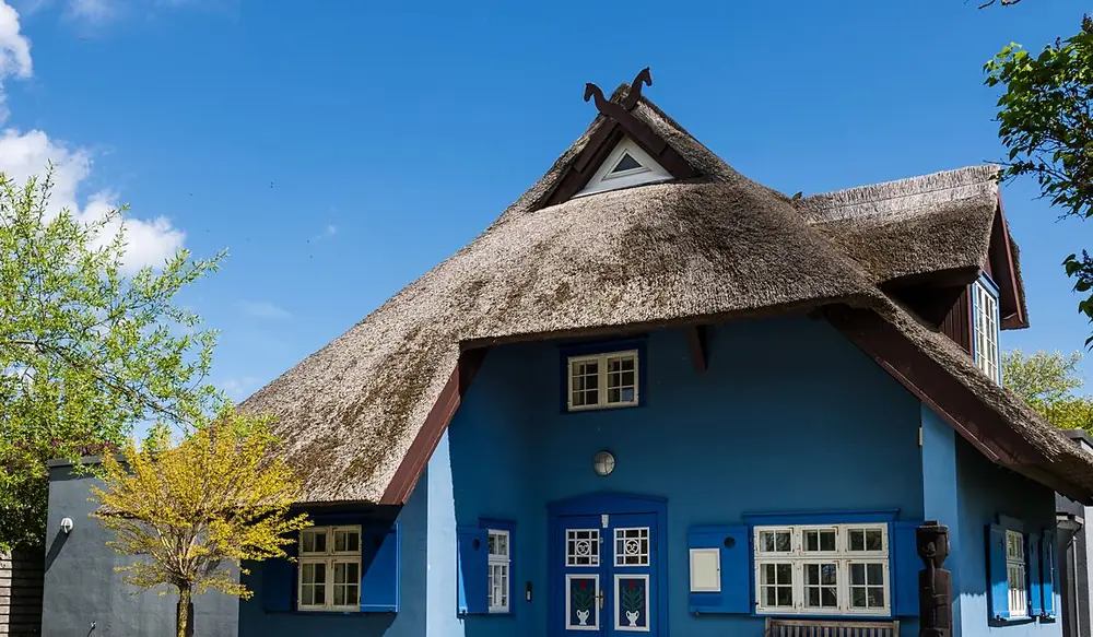 Geschwungener Rohrdachgiebel des Kunstkatens