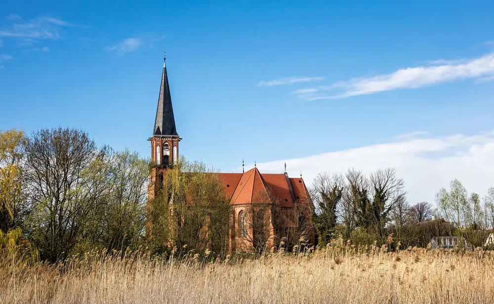 Die Backsteinkirche von Wustrow hinter dem Schilf