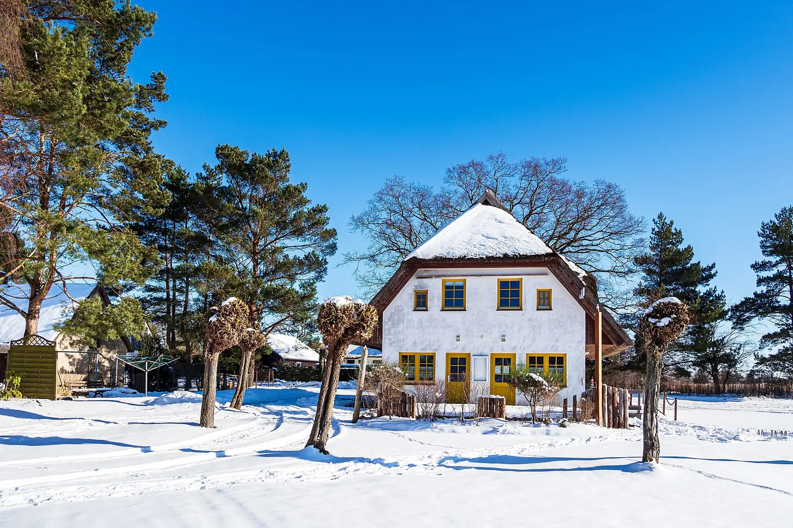 Rohrdachhaus im Schnee unter blauem Himmel