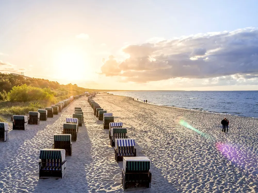 Strandkörbe in langen Reihen am Strand von Zingst